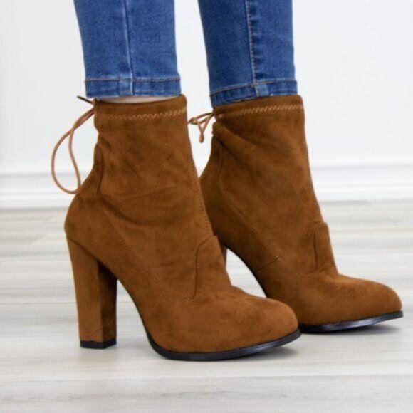 Shoes - Ankle Heeled Boots High Block Heel Round Toe Tan Faux Suede High Shaft Lace Back